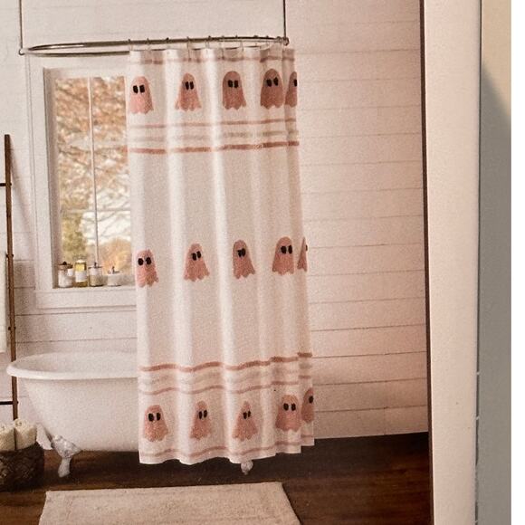 NWT Farmhouse Rachel Ashwell Pink Ghost Shower Curtain - Picture 1 of 4